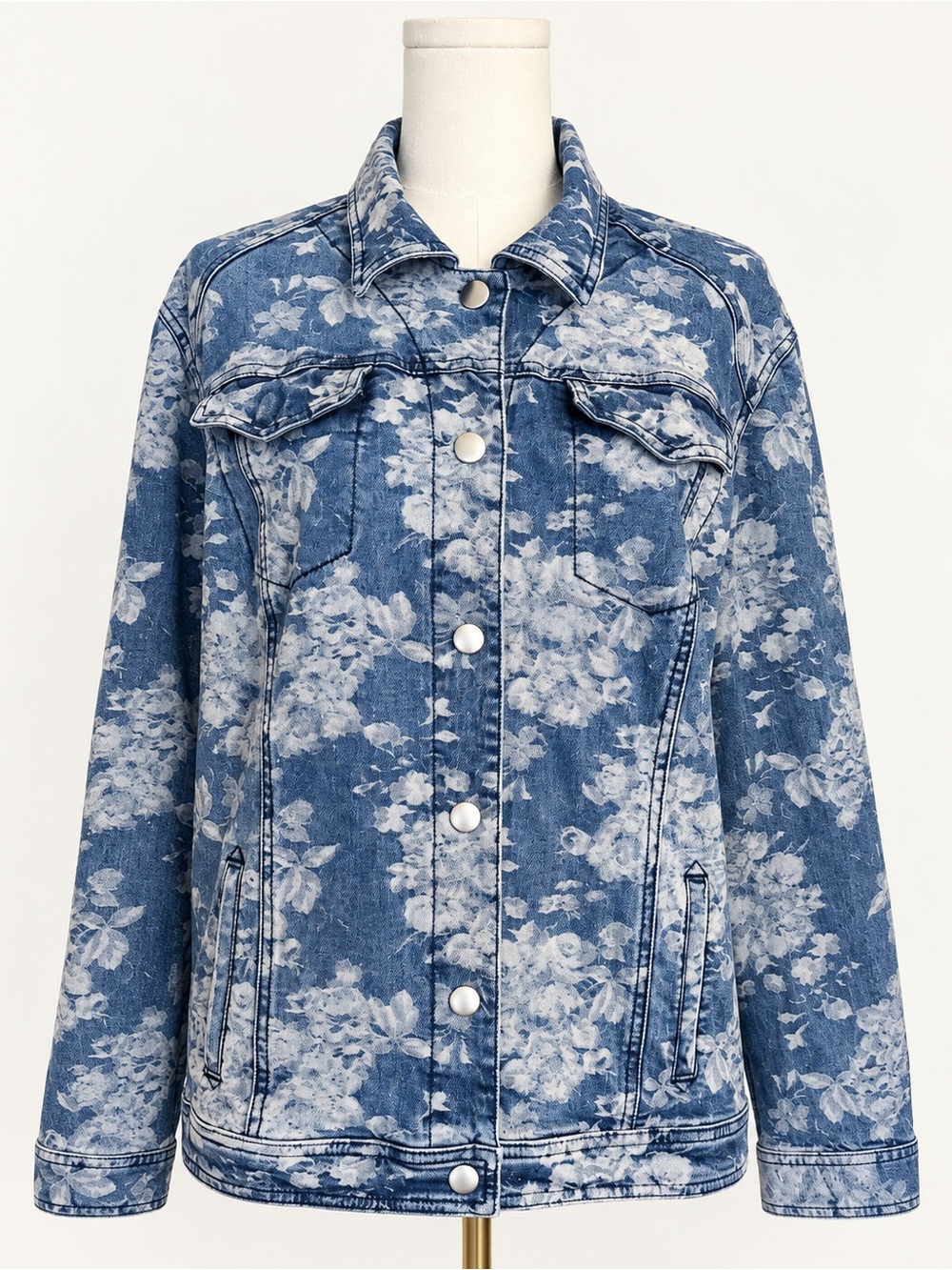 Chico's Floral Denim Jacket Size 3 XL Blue Printed Jean Jacket Coquette Girly
